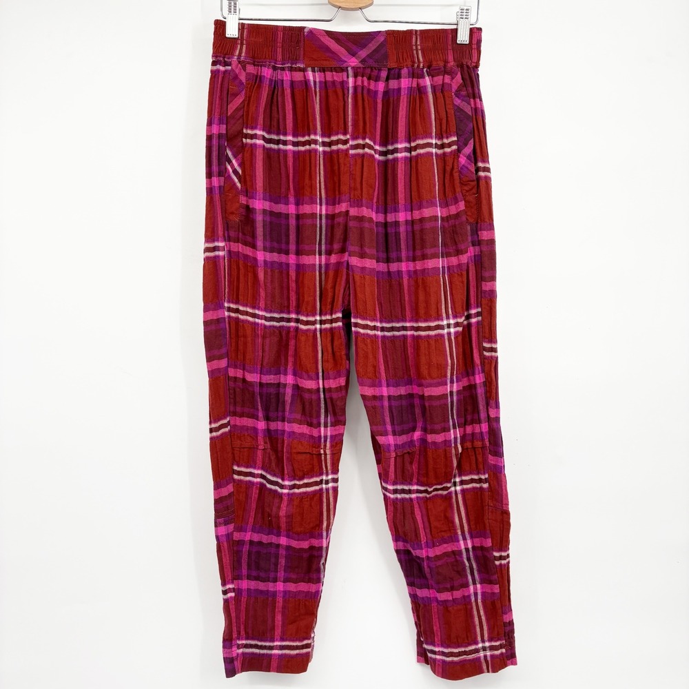 Free People Womens Red Pink Plaid Gauze Boho Grunge Tapered Lounge Pants Size S